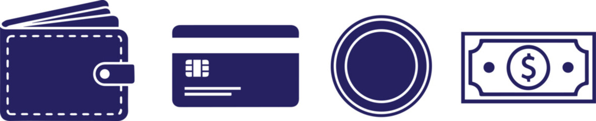 Money and finance: a wallet, a credit card, a coin, and a dollar bill