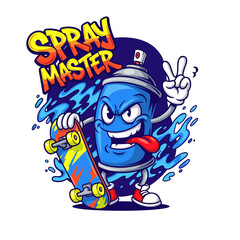 Playful Cartoon Character with Blue Spray Can and Skateboard in Vibrant Urban Style