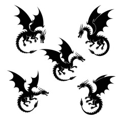 Fantasy dragon outlines soaring in formation, perfect for mythical illustrations and creative designs