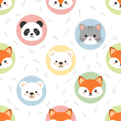 A cute and sweet seamless pattern features the cartoon faces of various animals, including pandas, cats, foxes, and polar bears, inside pastel-colored circles.
