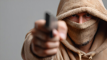 a masked individual is pointing a gun in a threatening manner, creating a sense of danger and fear