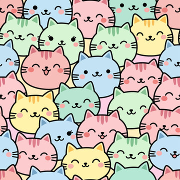 A dense and cheerful seamless pattern is completely filled with a crowd of adorable, colorful cat faces in a cute kawaii style.
