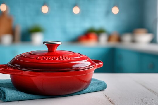 Bright red cocotte on kitchen counter with blue background and warm ambiance
