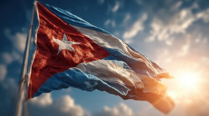 A vibrant Cuban flag waving against a dramatic sky, symbolizing national pride and identity.