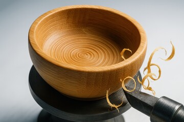 Crafting a wooden bowl with precision and artistry in a workshop setting