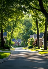 24. A quiet suburban road with houses and trees