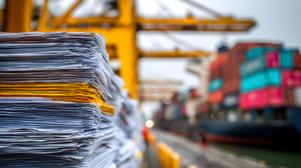 Logistics paperwork: Stacked documents represent transport operations, management, and port administration. Global trade reliance on documentation.