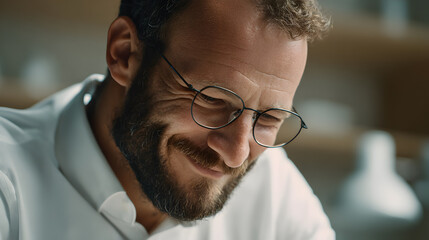 Fototapeta premium Portrait of a Smiling Man with Glasses and a Beard, Lost in Thought