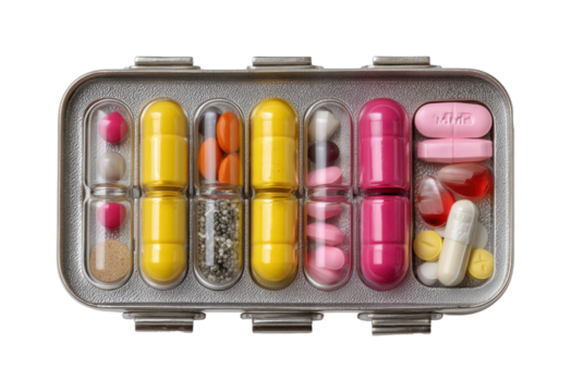 Daily medication management organized pillbox display home health wellness isolated on transparent background, png