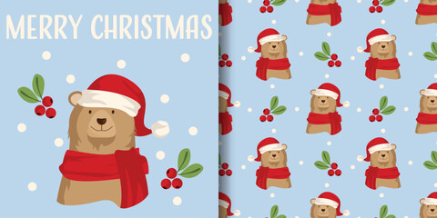 Christmas holiday banner and seamless pattern of cute brown bear wear Santa hat and red scarf with Holly berries, snowflakes and Merry Christmas text on light blue background.