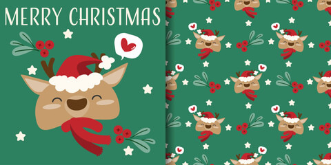 Christmas holidays banner and seamless pattern of cute reindeer wearing red scarf with Holly berries, stars and Merry Christmas text on green background.
