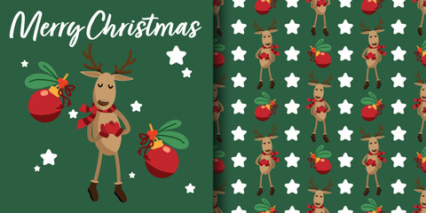 Christmas holiday season banner and seamless pattern of Merry Christmas text with cute reindeer wearing red scarf, Christmas balls with ribbons and holly branch and white stars on green background.