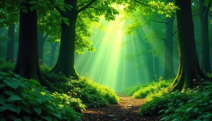 Fototapeta premium Lush green forest teeming with life, sunlight dappling through the canopy, creating a magical atmosphere Perfect for nature, environmental, and travel themes , shrubs, magical