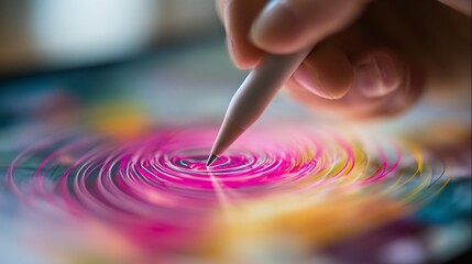 Obraz premium Hand holding stylus creating digital art, drawing colorful swirls on a tablet screen