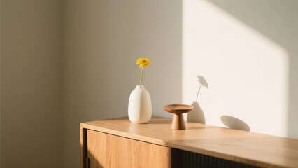 A simple interior scene with a white vase, a yellow flower, and a wooden tray placed on a wooden cabinet. The soft light and shadow create a quiet and warm atmosphere.