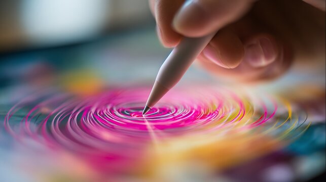 Hand holding stylus creating digital art, drawing colorful swirls on a tablet screen - Powered by Adobe