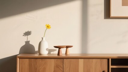 A simple interior scene with a white vase, a yellow flower, and a wooden tray placed on a wooden cabinet. The soft light and shadow create a quiet and warm atmosphere.