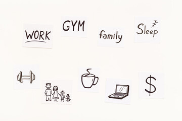 Life balance concept. Many paper cards with hand drawing of different life activities