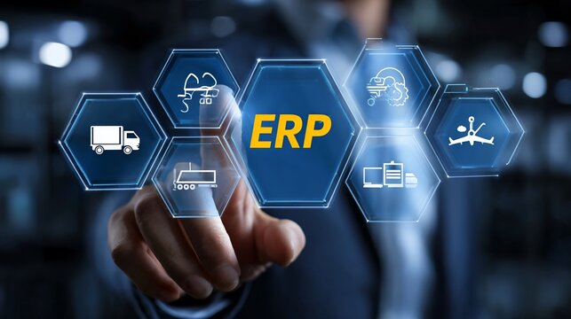 Hand points at ERP graphic, indicating business systems integration concept