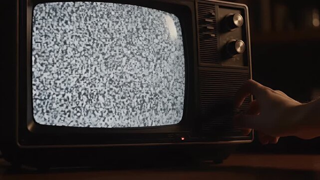 Hand Adjusting Controls of an Old Retro CRT Television Showing White Static Noise on Screen in a Dimly Lit Room Classic Analog TV Interference - Powered by Adobe