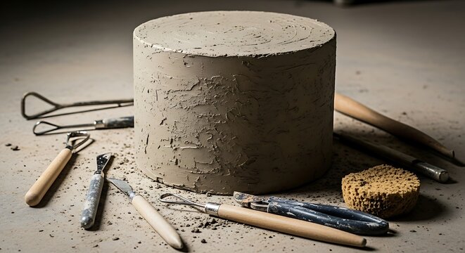 A large cylindrical block of clay sits on a dusty floor, surrounded by various pottery tools, including carving loops, wooden tools, and a sponge.