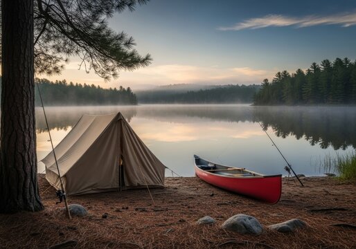 Wide photo of an isolated lakeside tent, canoe pulled up on shore, fishing rod leaning on tree, still and silent atmosphere