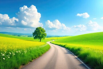 Serene country road winding through lush green fields under a vibrant blue sky, dotted with wildflowers Perfect for travel, nature, and landscape projects , road, nature