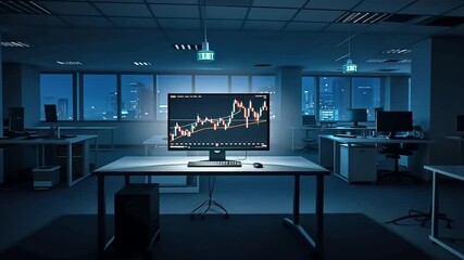 Empty office at night with computer displaying graphs - Powered by Adobe