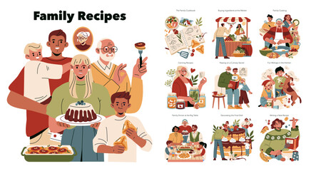 Family Cooking and Sharing Recipes Vector Illustration