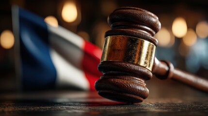 A close-up of a wooden gavel resting on a table, with the French flag blurred in the background, symbolizing law and justice in France.