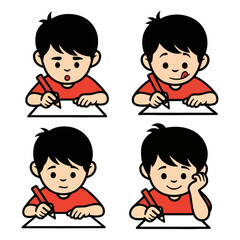 Set of a young boy writing at his desk, showing different expressions like concentration, happiness, and confusion. An educational cartoon illustration.
