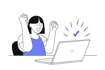 emotional business woman showing happiness getting bonus reward or good news on screen laptop pc computer in office. excited young businesswoman winner showing triumph yes gesture. banner. copy space