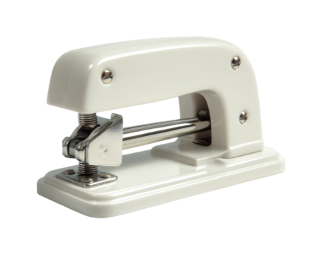 Office action using a stapler to organize papers in a modern workspace setup isolated on transparent background, png