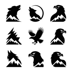 White Line Art: Wolf, Eagle, Mountain Logos; Dark Background; Minimalist Style