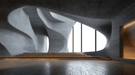 Elegant photo of abstract concrete and wood interior multilevel public space with window. 3D illustration and rendering.