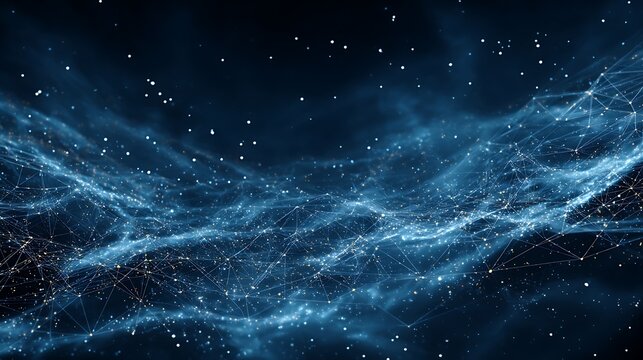 AI generated collage image of connected lines on cosmic dark blue background data network concept. Futuristic digital hi-tech technologies graphic art design for cyberspace.