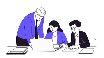 mature focused senior mentor leader man showing young woman manager project on laptop in modern office. two partners, team of professional business people working, studying, writing notes sit at desk