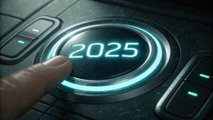 Future technology concept image showing finger pressing a button with the year 2025 on it