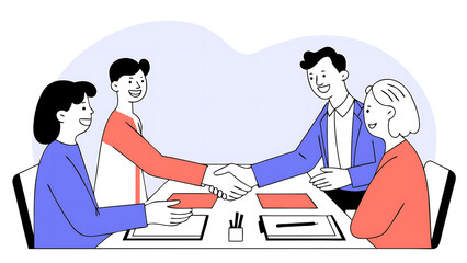 latin business team of woman and european man shaking hands with colleagues, partners or employees, signing a contract. group of people satisfied with results of team work together. banner, copy space