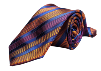 Rolled necktie in vibrant purple orange stripe pattern Isolated on a transparent background