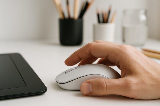 Working at a desk with a computer mouse and stationery in a calming workspace environment