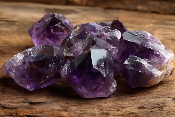 Fototapeta premium Amethyst crystals glowing on wood surface in deep hues 