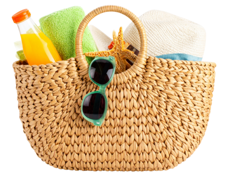 Wicker Beach Bag with Leisure Essentials for a Day at the Shore, isolated on a transparent background