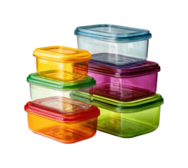 Colorful plastic food storage containers kitchen kitchenware organized top view home essentials isolated on transparent background, png