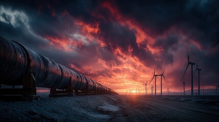 Pipeline and wind turbines at sunset with dramatic clouds