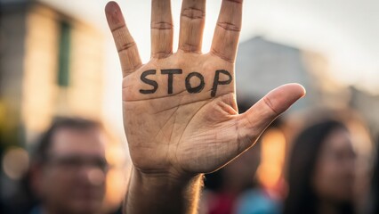 Stop hand gesture protest sign concept against violence and discrimination social issues and human rights