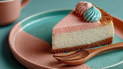 Slice of cake with pink and blue frosting on a plate near cup