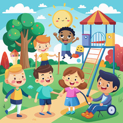 Playground Scene Vector – Children of All Abilities Playing Together Happily