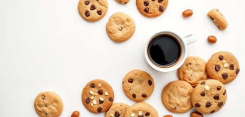 Flat lay of coffee cup and assorted cookies on white background, image, flatlay