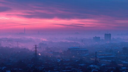 Misty city sunrise, soft hues